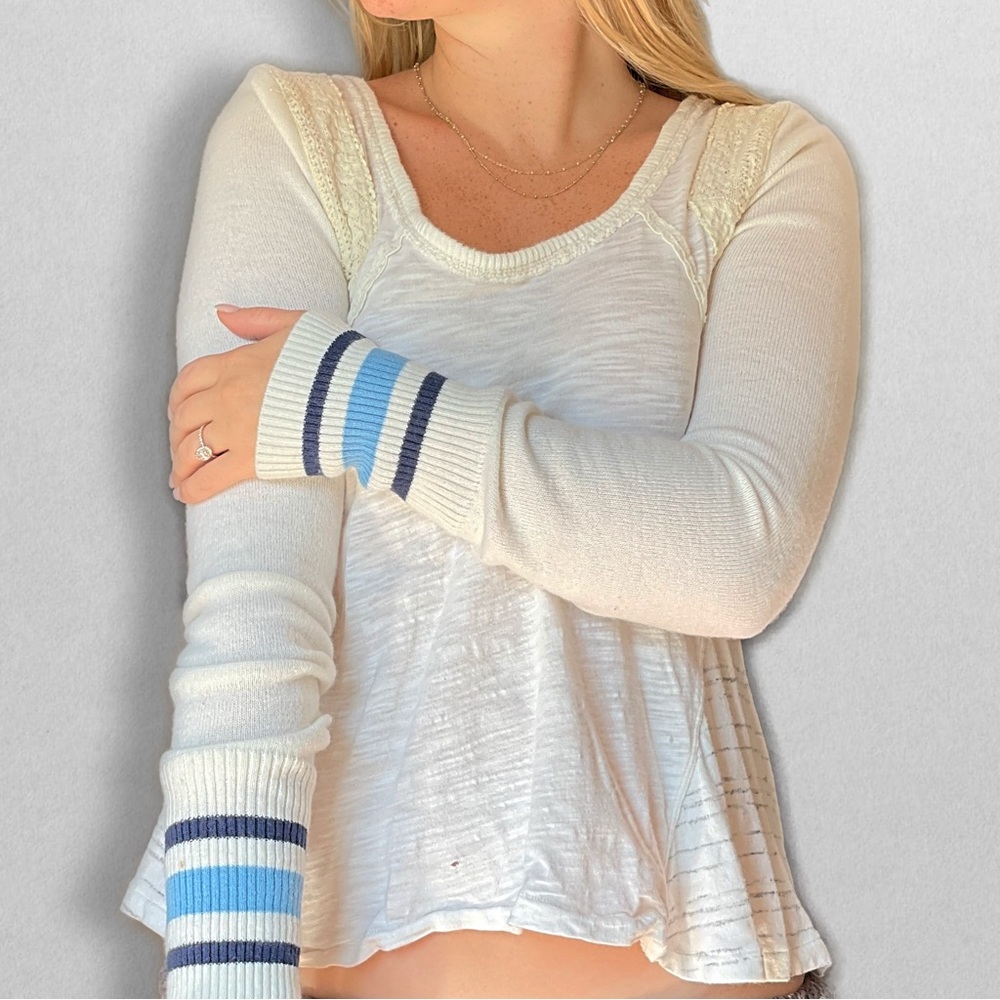 Free People Off White Vintage Sweater with blue stripe details on cuffs